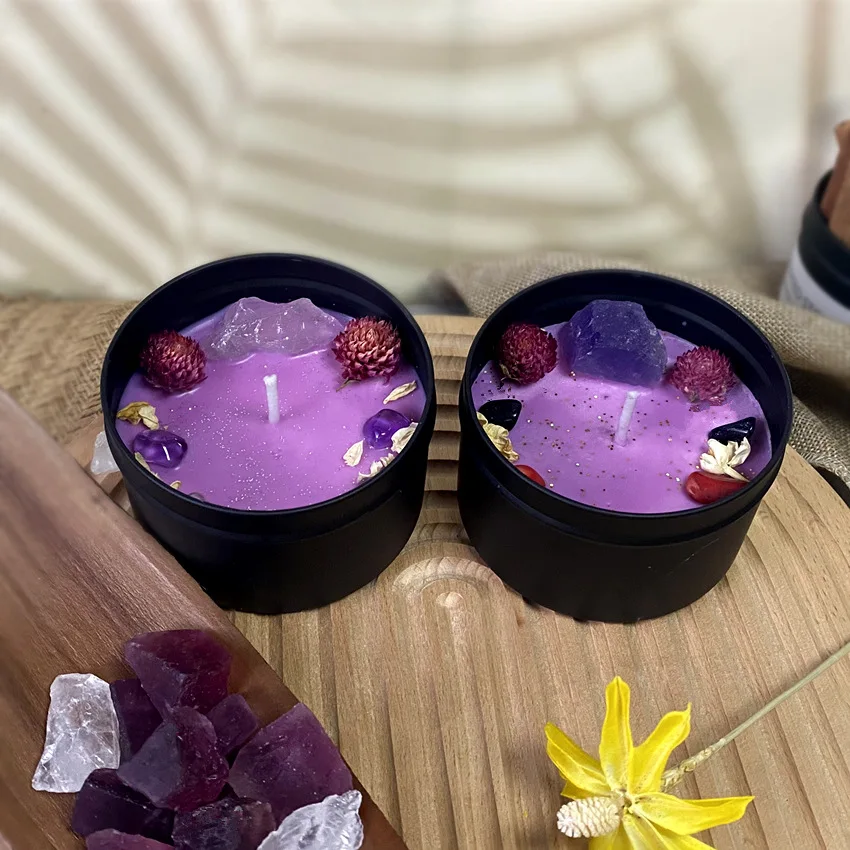 Home Fragrance Lamp - 8x5.2 ซม.ดอกไม้คริสตัลหินเทียนหอมสีดํา Tinplate Jar เทียนน้ําหอมตกแต่งตกแต่งบ้าน