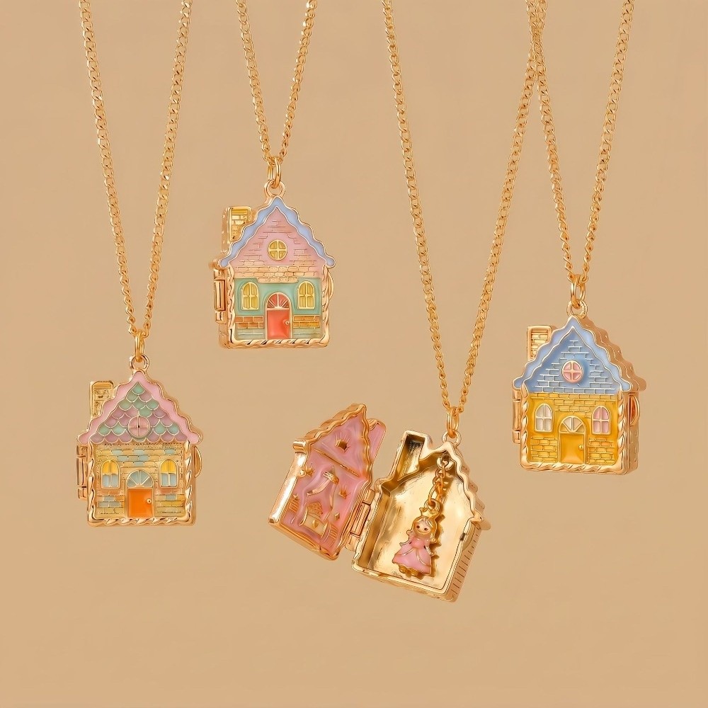Home Fragrance Gingerbread - สร้อยคอรูปบ้านขนมปังขิงหลากสีสัน จี้เปิด-ปิดได้ สร้อยคอรูปบ้านเคลือบเงาแบบเปิด-ปิดได้ ของขวัญเครื่องประดับเทพนิยาย